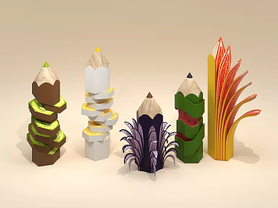Colorful 3D Paper Art Decorations Shaped Like Colored Pencils With Unique Designs 3d model