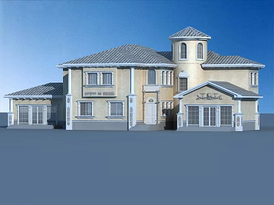 Beige Detached Villa Exterior Design With Tiled Roof Tower And Porch Windows 3d model