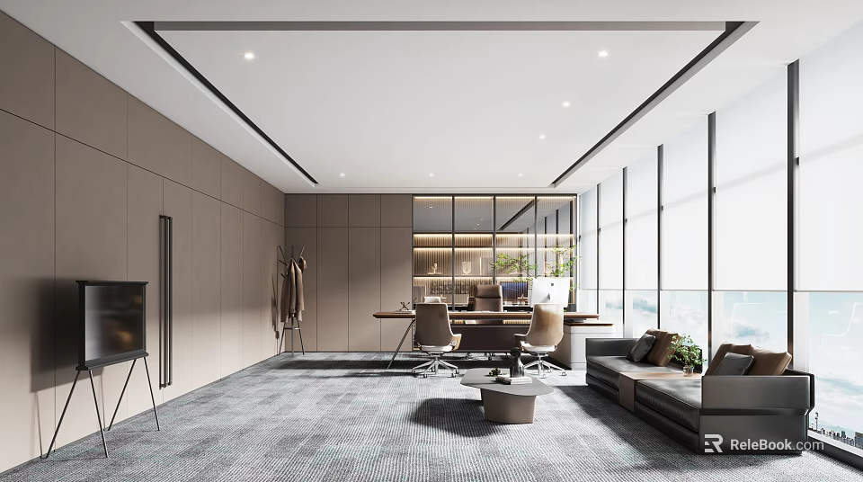 Modern Office Interior Design Featuring Large Windows Desk Sofa Chair Carpet And Lighting 3d model