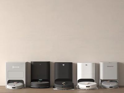 Five Different Colored Robot Vacuums with Charging Docks on Wooden Floor Against Light Wall 3d model