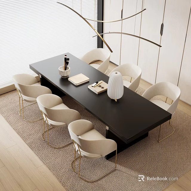 Modern Black Dining Table Set With Beige Chairs Gold Legs Notebook And Vase 3d model 
