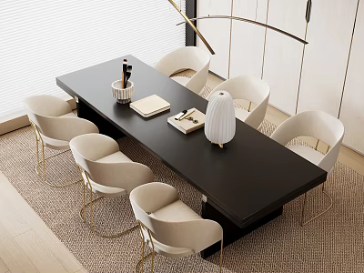 Modern Black Dining Table Set With Beige Chairs Gold Legs Notebook And Vase 3d model