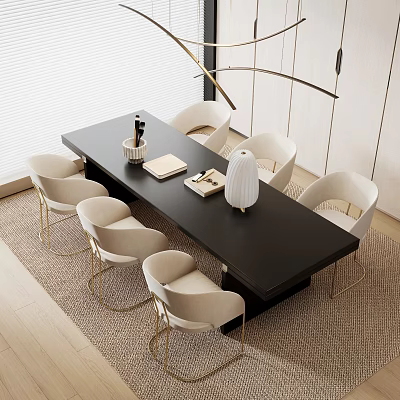 Modern Black Dining Table Set With Beige Chairs Gold Legs Notebook And Vase 3d model
