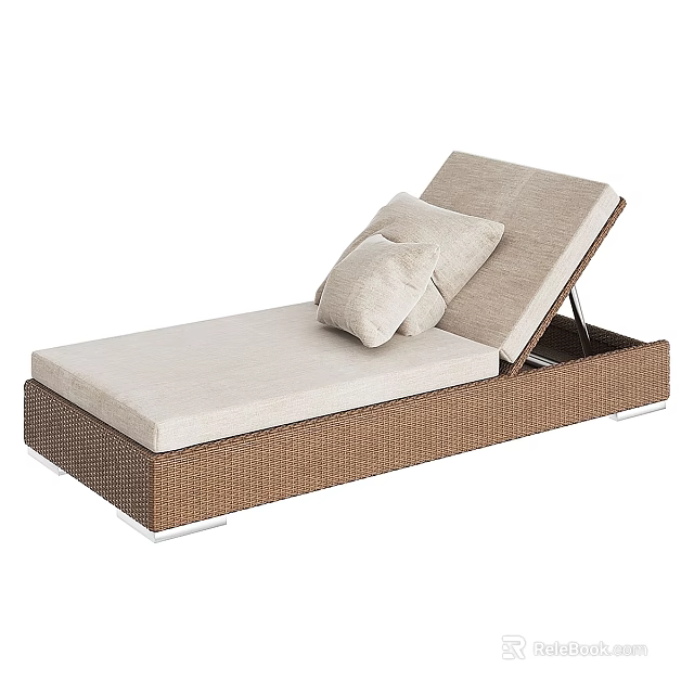 Beige Cushion Sofa Bench With Brown Rattan Frame And Decorative Pillow 3d model 