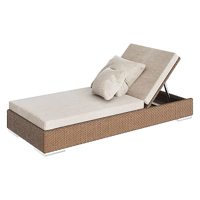 Beige Cushion Sofa Bench With Brown Rattan Frame And Decorative Pillow 3d model