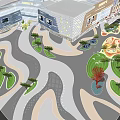 Urban Plaza Landscape Design With Curved Pavement Green Lawns And Red Decorative Installations