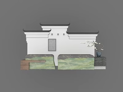 Chinese Style Background Wall With Traditional Eaves White Panel And Water Feature 3d model