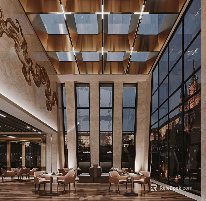 Luxurious Restaurant Interior With Large Glass Windows Ornate Ceiling Marble Walls And Comfortable Seating 3d model 