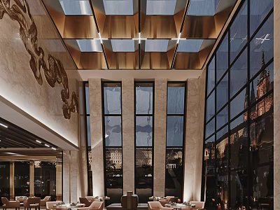 Luxurious Restaurant Interior With Large Glass Windows Ornate Ceiling Marble Walls And Comfortable Seating 3d model