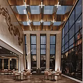 Luxurious Restaurant Interior With Large Glass Windows Ornate Ceiling Marble Walls And Comfortable Seating