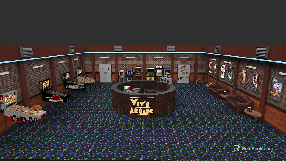 Viv's Arcade Interior With Entertainment Electronics Gaming Machines Comfortable Seating And Colorful Carpet 3d model 