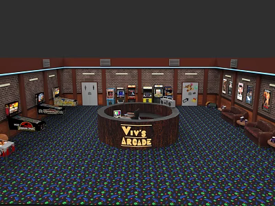Viv's Arcade Interior With Entertainment Electronics Gaming Machines Comfortable Seating And Colorful Carpet 3d model