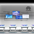 Huawei Smart Future Background Wall with Multiple Screens Huawei Cloud Logo and White Tables Below 3d model
