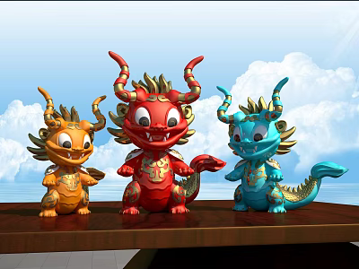Three Carved Dragon Sculptures In Red Orange Blue With Golden Decorations On Wooden Table 3d model