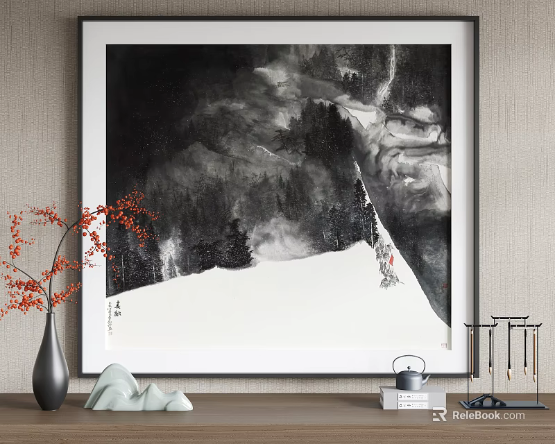 Serene Traditional Chinese Ink Landscape Painting with Snowy Mountains and Pine Trees 3d model 
