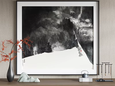 Serene Traditional Chinese Ink Landscape Painting with Snowy Mountains and Pine Trees 3d model