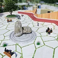 Lush Green Park Landscape With Basketball Court Amphitheater Water Pools And Walking Paths