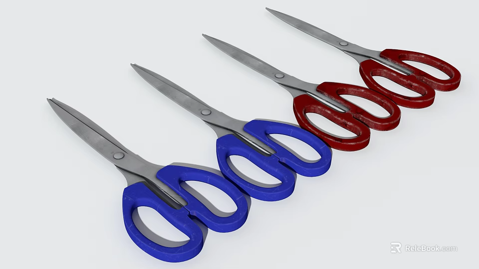 Household Scissors Set With Blue Red Handles And Stainless Steel Blades 3d model 