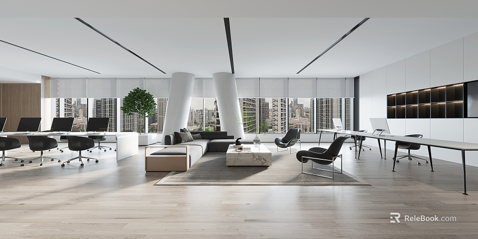 Modern Public Office Space With Open Layout Sofa Desks Plants Large Windows And City View 3d model 