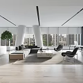 Modern Public Office Space With Open Layout Sofa Desks Plants Large Windows And City View