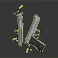 Metallic Silver And Black Pistols With Scattered Bullets On Dark Surface