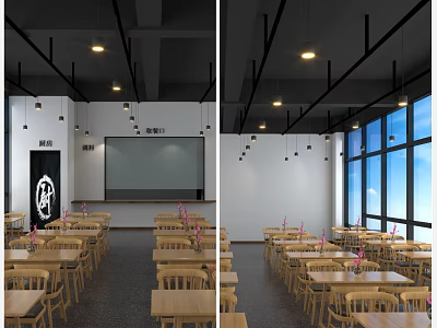 Modern Restaurant Interior Design With Wooden Tables Chairs Pendant Lights And Large Windows 3d model