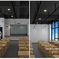 Modern Restaurant Interior Design With Wooden Tables Chairs Pendant Lights And Large Windows