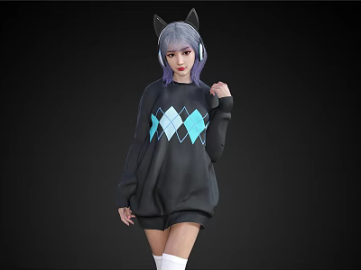 Woman with purple hair cat ears headphones in black argyle sweater and white thigh-high socks 3d model