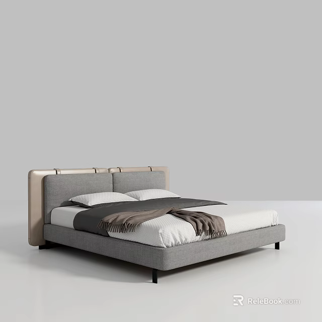 Modern Double Bed With Upholstered Headboard Gray Blanket And White Sheets 3d model