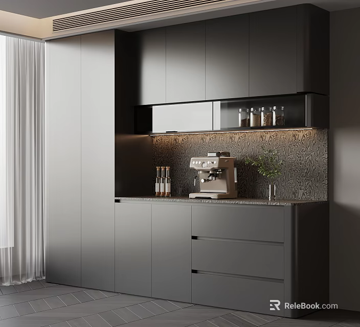 Modern Gray Sideboard With Storage Cabinets Coffee Machine Green Plant And Textured Backsplash 3d model