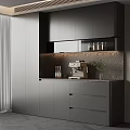 Modern Gray Sideboard With Storage Cabinets Coffee Machine Green Plant And Textured Backsplash 3d model
