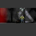Character In Yellow Jacket Standing In Industrial Scene With Metal Walls Debris And Red Lighting