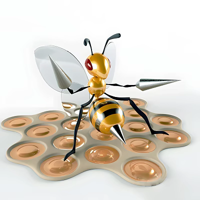 Flying Bee With Yellow Black Stripes And Transparent Wings On Surface With Circular Indentations 3d model