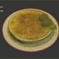 Creamy Creme Brulee With Caramelized Top Blackberries And Mint Leaf On Patterned Plate