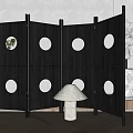 Modern Black Room Divider With Round Cutouts Panel Design And Accent Lamp 3d model
