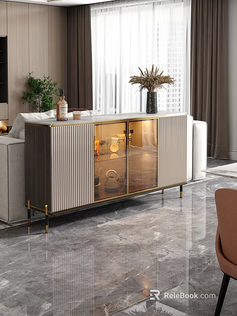 Modern Sideboard with Gold Metal Legs Glass Doors Ribbed Wooden Panel in Living Room 3d model 