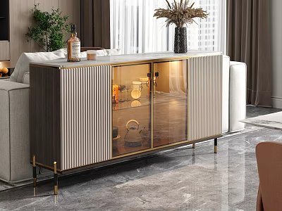Modern Sideboard with Gold Metal Legs Glass Doors Ribbed Wooden Panel in Living Room 3d model