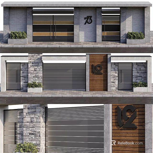 Modern Entrance Gate With Wooden Door Stone Wall Number 19 Roller Shutter And Green Plants 3d model 