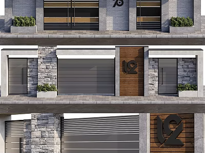 Modern Entrance Gate With Wooden Door Stone Wall Number 19 Roller Shutter And Green Plants 3d model