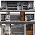 Modern Entrance Gate With Wooden Door Stone Wall Number 19 Roller Shutter And Green Plants