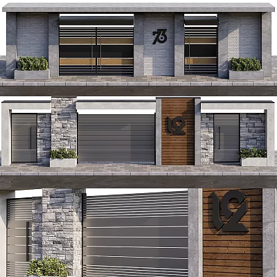 Modern Entrance Gate With Wooden Door Stone Wall Number 19 Roller Shutter And Green Plants 3d model