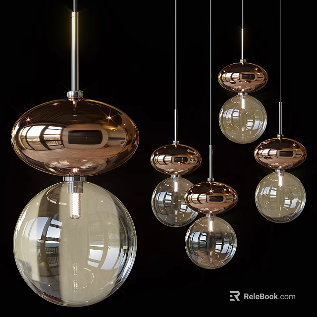 Modern Metallic And Glass Pendant Lights With Spherical And Oval Shapes Hanging 3d model 