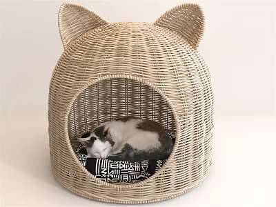 Wicker Cat Bed With Cat Ear Design For Pet Resting Comfortably 3d model