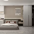 Modern Minimalist Bedroom Interior With Gray Bed Nightstands Pendant Lights And Artwork