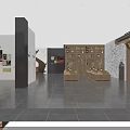 Elegant Cultural Center Interior With Wooden Bookshelves Display Cabinets And Traditional Artworks