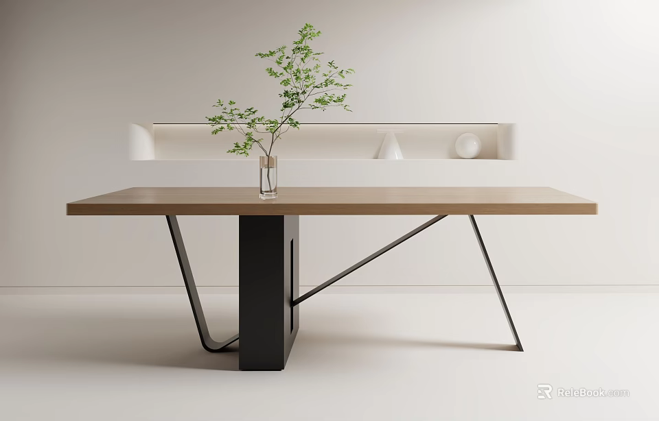 Modern Dining Table Design With Wooden Top Geometric Metal Legs Green Plant And Decorative Shelf 3d model 