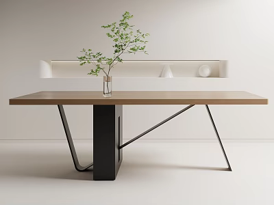 Modern Dining Table Design With Wooden Top Geometric Metal Legs Green Plant And Decorative Shelf 3d model