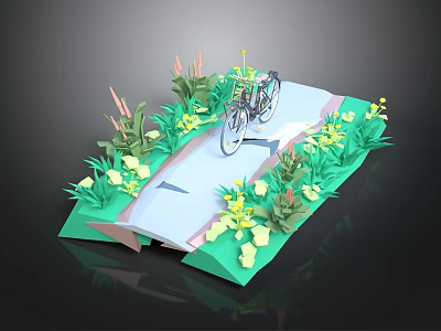 Miniature Scenic Path with Bicycle Lush Green Plants and Yellow Flowers 3d model