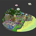 Vibrant Cartoon Island Scene With Green Hills Trees Buildings Roads Beach And White Clouds