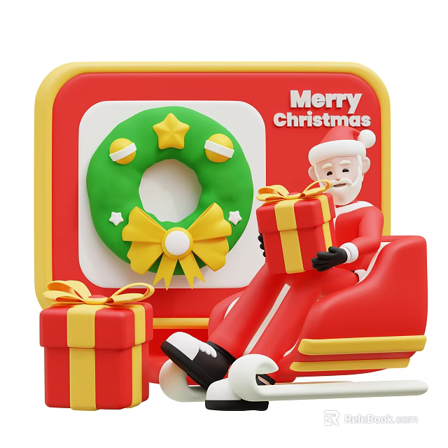 Santa Claus On Sleigh With Gift Boxes And Green Christmas Wreath 3d model 